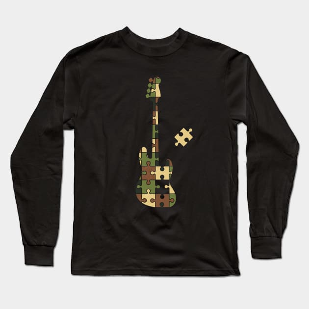 Camouflage Puzzle Bass Guitar Silhouette Long Sleeve T-Shirt by nightsworthy